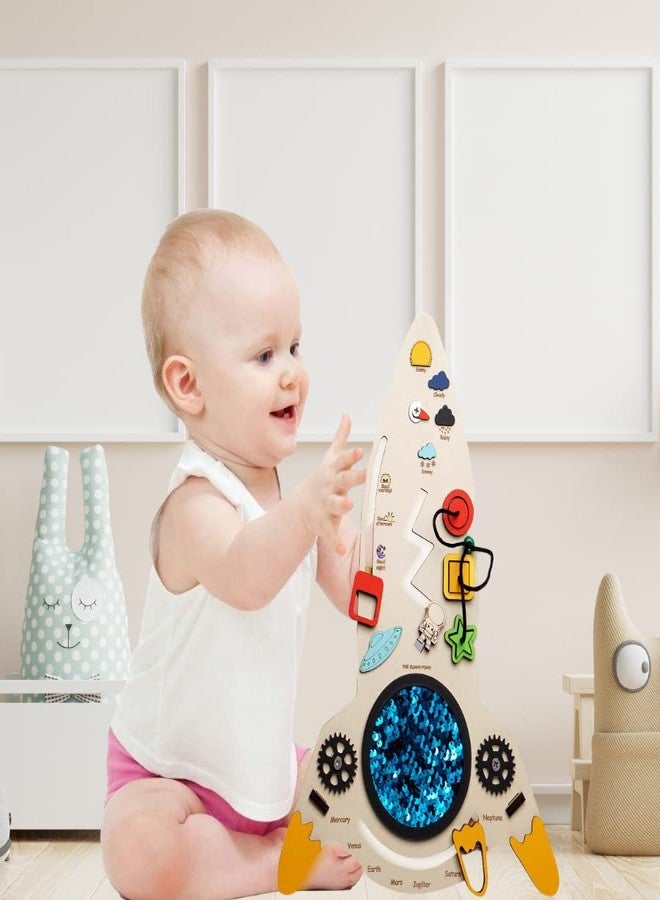 The Funny Mind Space Shuttle with Launch Pad Busy Board | 10+ Activities Montessori Learning Educational Sensory Wooden Toy for Kids and Toddlers - Image 4